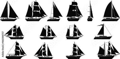 Black silhouette collection of various sailing ships and boats, classic vintage sailboats with sails, nautical vessels in different styles