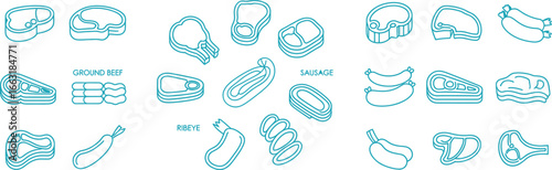 Turquoise Outlined Meat Cuts Sirloin, Sausage, Ground Beef, Ribeye on White