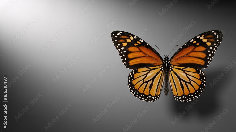 Fototapeta premium Monarch butterfly on gray background, orange wings spread, nature, metamorphosis, freedom, delicate beauty.