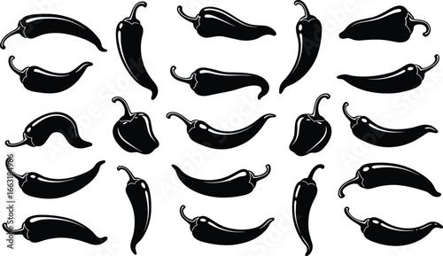 Chili pepper silhouette collection, spicy vegetable icons, hot peppers vector set, black clipart illustrations on white background for food design