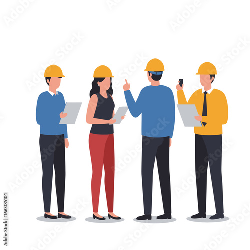 A diverse team of construction professionals, including engineers and architects, collaborates on a project, reviewing plans and discussing crucial details.