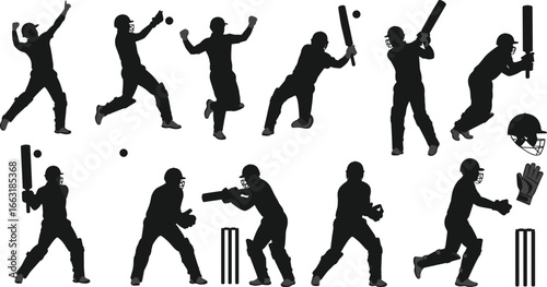 Cricket player silhouettes with bats and gear – vector sports icons of batting, bowling, fielding, wicket keeping, cricket helmet set