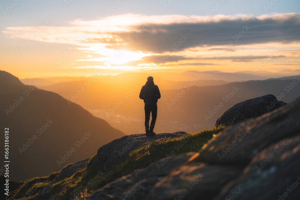 Silhouette hiker on mountain at sunrise, golden light over peaks, adventure, freedom, inspirational landscape. Silhouette hiker on mountain at sunrise, golden light over peaks, adventure, freedom, inspirational landscape.
