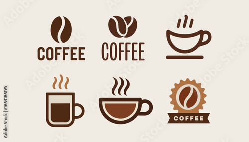 Coffee Icons Set with Cups, Mugs, and Beans – Vector Illustration for Café Branding, Menu Design, Barista, and Morning Beverage Concepts.
