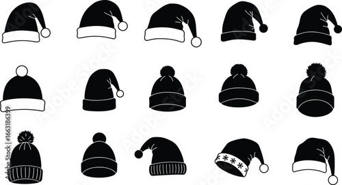 Set of black and white Christmas Santa hats and winter beanies, holiday headwear, festive accessories, winter fashion silhouettes, pom pom hats