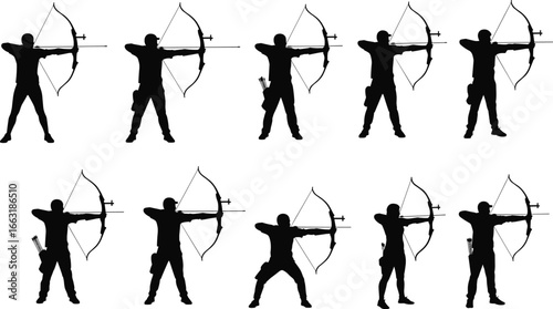 Silhouette of archers practicing archery, bow and arrow, shooting posture, archery training, sports activity, black silhouette illustration