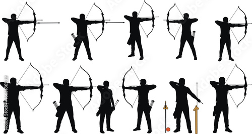 Silhouette of archers practicing archery, bow and arrow, shooting posture, archery training, sports activity, black silhouette illustration