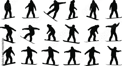 Silhouette snowboarder performing various snowboarding tricks and jumps on white background, extreme winter sports, action sequence, snowboarding athlete