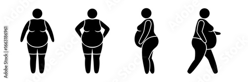 Black silhouette of overweight woman in various standing and walking positions, minimal flat stickman design for health, body positivity, obesity awareness, fitness, and weight management concepts.