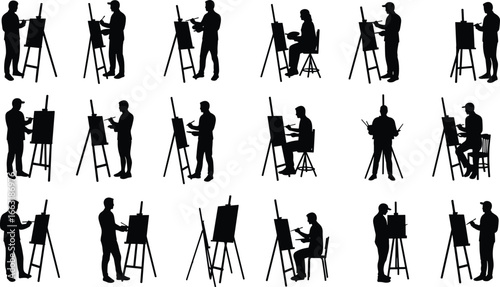 Silhouettes of artists painting on easels – vector art of painters drawing, creative workshop poses, art class, black outlines