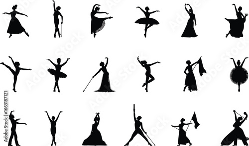 Silhouettes of dancers in various elegant dance poses, ballet movements, artistic performance, choreography, isolated on white background, vector illustration