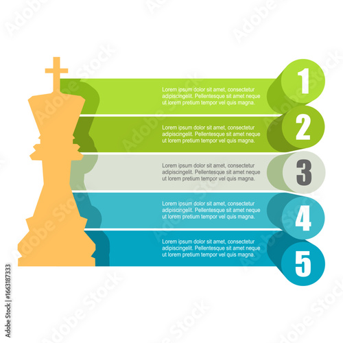 Piece of chess. The king with five features or option of project to select. Minimal infographic illustration for business and science information visualization.