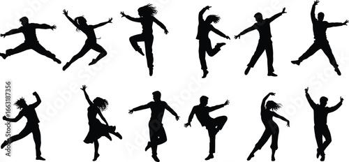 Silhouettes of dancers in various elegant dance poses, ballet movements, artistic performance, choreography, isolated on white background, vector illustration