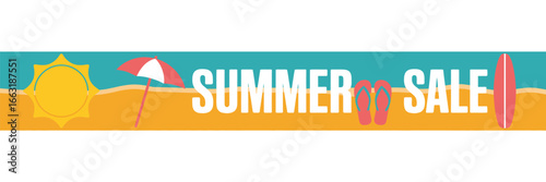 A summer sale banner with a sun umbrella flip flops and surfboard on a beach with blue water background
