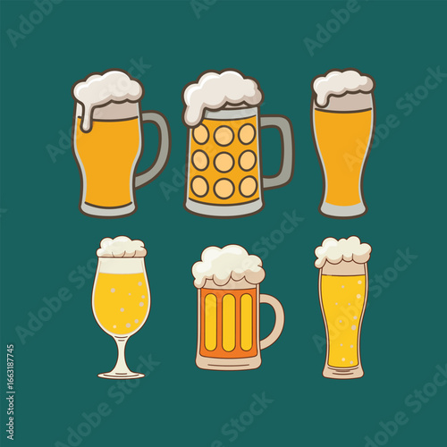 Cartoon Beer Glasses and Mugs Icon Set – Vector Illustration for Brewery, Pub, Oktoberfest, Party, Alcohol, Drink Menu, Bar Use.