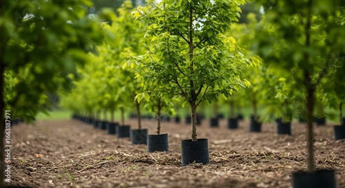 Rows of Young Trees in Pots at a Nursery