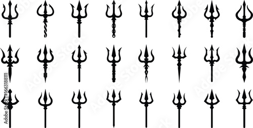 Silhouettes of tridents, weapon icons, mythological spear symbols, Poseidon or Shiva trishul designs, vector collection on white background for graphic design
