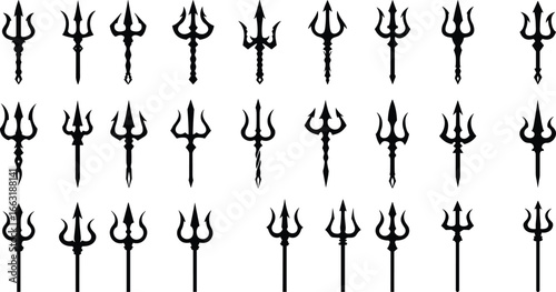 Silhouettes of tridents, weapon icons, mythological spear symbols, Poseidon or Shiva trishul designs, vector collection on white background for graphic design