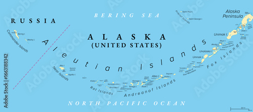 Aleutian Islands, political map. Most of the archipelago belong to the U.S. state of Alaska, while the Commander Islands in the very west belong to the Russian federal subject Kamchatka Krai. Vector