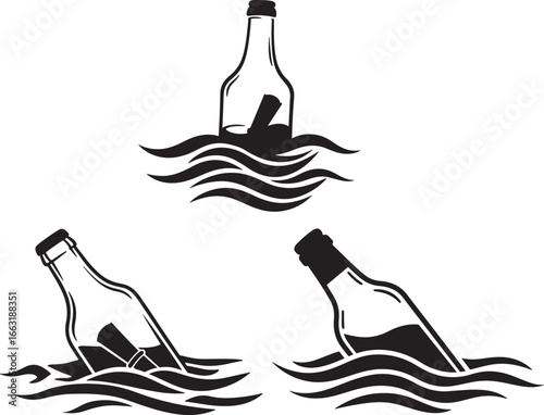 Three bottles with messages floating on waves silhouette