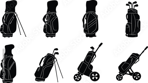 Various styles of golf bags and golf bag carts, golf equipment storage solutions, professional and casual golf accessories, portable golf gear organizers.