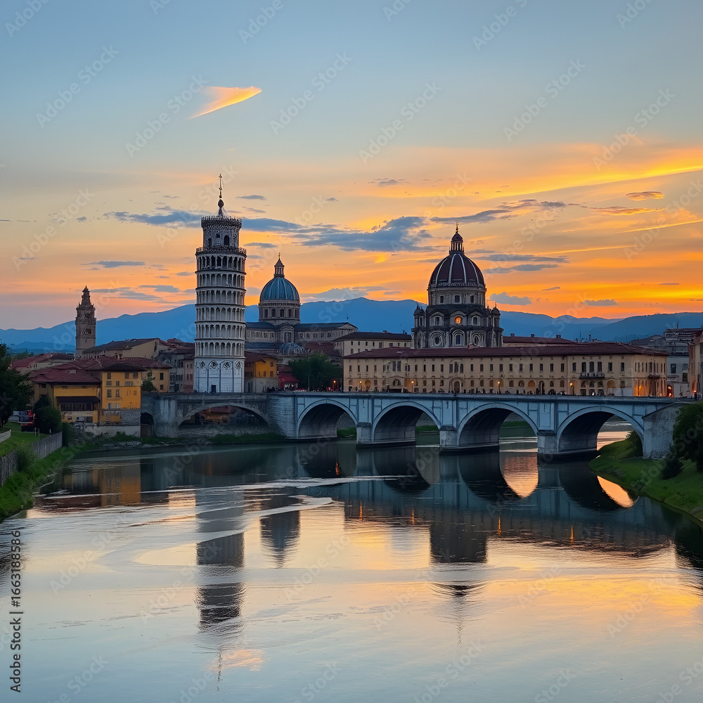 Fototapeta premium Pisa, Arno river, Ponte di Mezzo bridge. Lungarno sunset view. Tuscany, Italy
