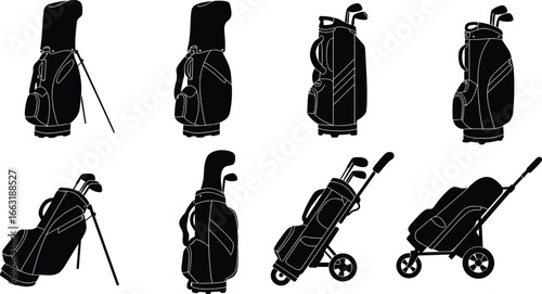 Various styles of golf bags and golf bag carts, golf equipment storage solutions, professional and casual golf accessories, portable golf gear organizers.