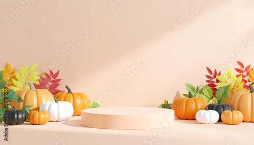 Halloween podium background, Orange background, autumn podium, 3D rendering, spooky party, spooky autumn