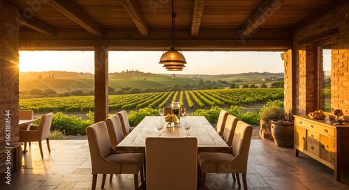 Stunning vineyard view complements elegant dining table setting at sunset in Tuscany