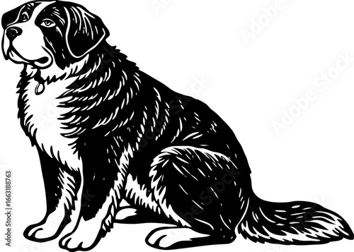 Saint Bernard Sitting Silhouette Linocut, Gentle Giant Dog Vector Design