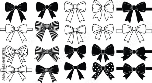Vector bow silhouettes set – elegant ribbons, gift wrap bows, fashion accessories, black and white bowtie icons and decoration