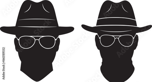 Two mysterious figures in hats and glasses silhouette