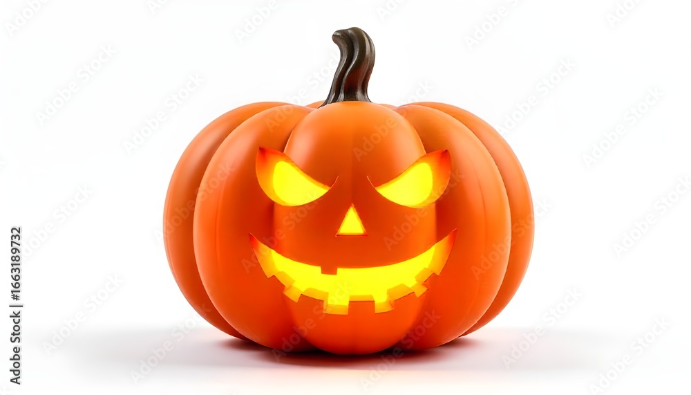 Fototapeta premium Glowing carved Halloween pumpkin with a scary face and bright light inside for festive decoration 
