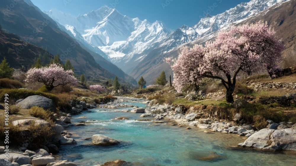 Obraz premium Serene Mountain Valley With Blooming Trees And Clear River image photo