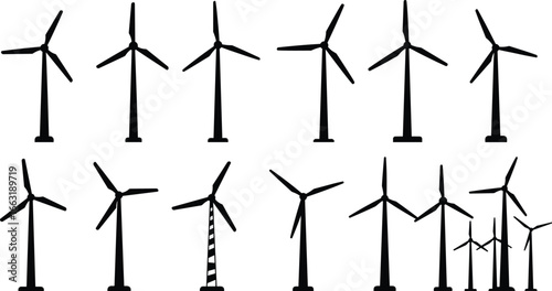 Wind turbine silhouettes vector set for renewable energy concepts, green power design, sustainable technology icons, and eco-friendly infrastructure visuals