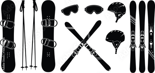 Winter sports equipment collection, skiing gear, snowboarding gear, ski poles, helmets, goggles, safety gear, outdoor winter activities essentials
