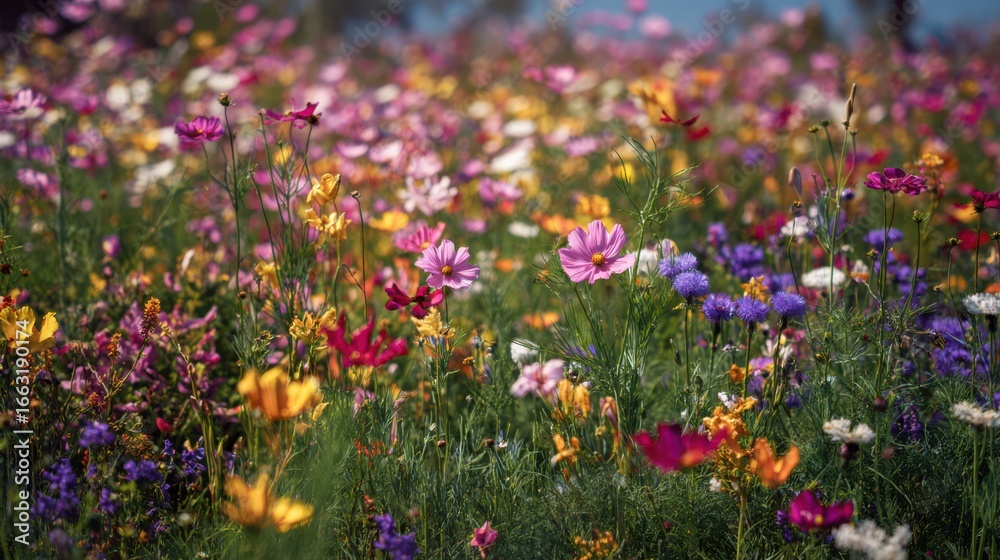 Naklejka premium Wide meadow bursting with colorful wildflowers, alive with butterflies dancing in the air and bees gently collecting nectar in the warm afternoon light.