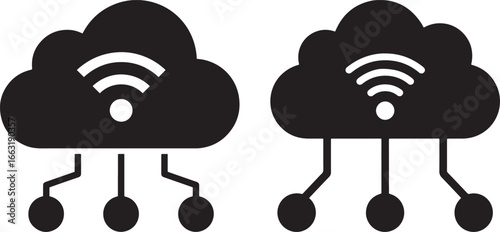 Two cloud computing icons with wifi and network connections silhouette
