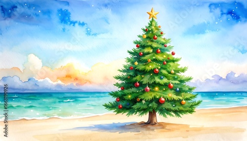 Christmas tree on a beach at sunset.