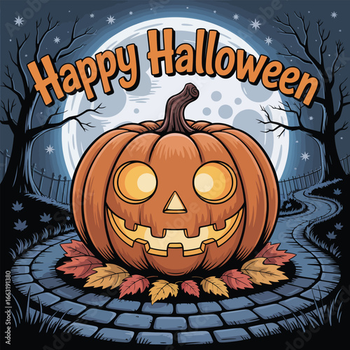 Illuminated Jack-o-lantern on Cobblestone Path with Haunted House halloween jackolantern