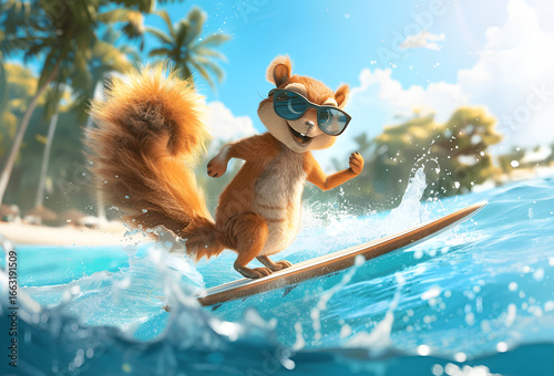 Cartoon squirrel wearing sunglasses is surfing on a wooden board in vibrant ocean waves, surrounded by tropical palm trees and a sunny beach atmosphere, showcasing fun and adventure