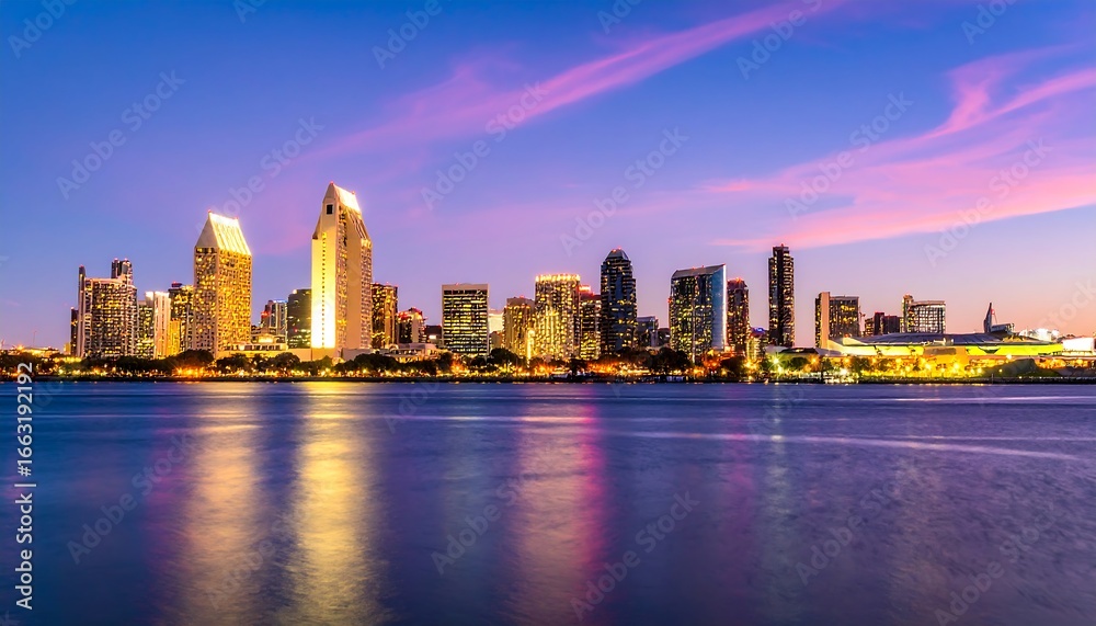 Obraz premium Cityscape Twilight Skyline Reflection Harbor