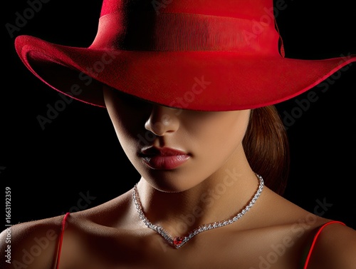 Wallpaper Mural A beauty wearing an elegant red hat and a silver necklace, against a dark background, presents high-resolution details of her elegant appearance and accessories. Torontodigital.ca