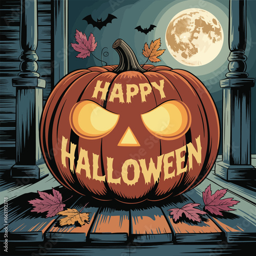 Happy Halloween text on a carved pumpkin with bats and full moon jackolantern