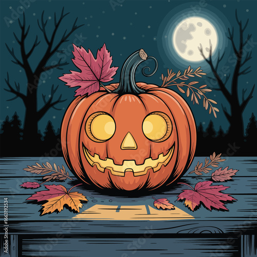 Jack-o-lantern pumpkin with glowing eyes on a wooden table at night jackolantern halloween
