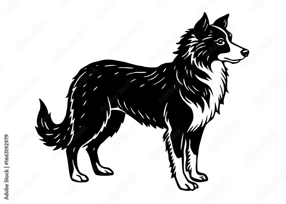 Fototapeta premium Border Collie Standing Silhouette Linocut, Herding Dog Vector Art