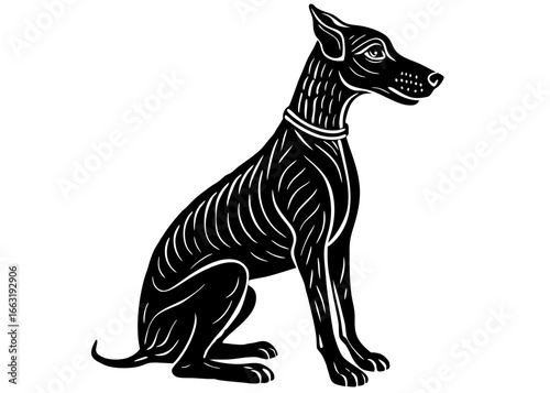 Great Dane Sitting Silhouette Linocut, Noble Giant Dog Vector Clipart