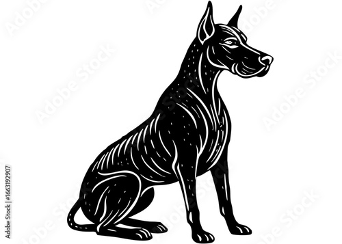 Great Dane Sitting Silhouette Linocut, Noble Giant Dog Vector Clipart