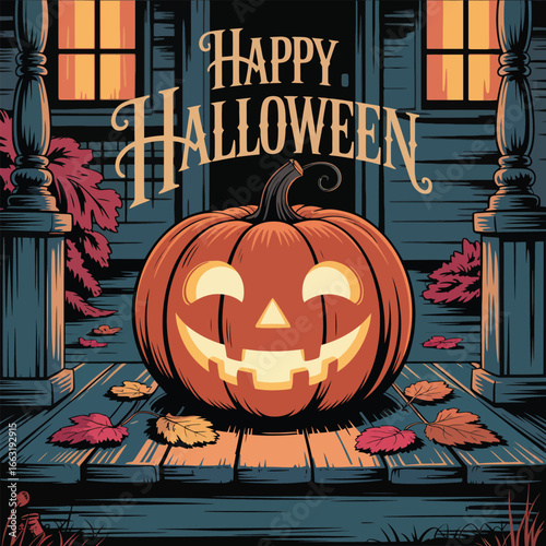 Happy Halloween pumpkin on porch with autumn leaves jack-o-lantern