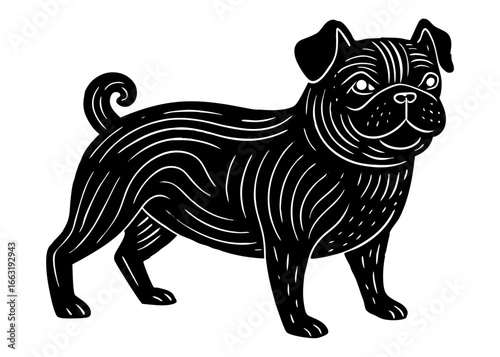 Pug Playful Silhouette Linocut, Cute Funny Dog Vector Illustration